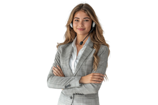 Smiling young female call center agent wearing headset, isolated on transparent background
