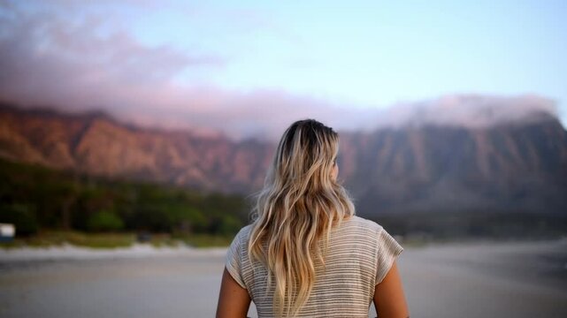 Back, beach and view of the mountain with a woman outdoor in nature on a misty or foggy morning. Earth, sky and water with a tourist person on the sand of a shore at the coast for sightseeing travel