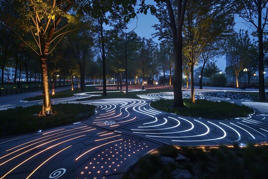 Illuminated Pathway in a Park at Dusk
