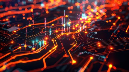 visual representation of a stock exchange's digital backbone, with data flowing like electricity through a network of glowing circuits and screens