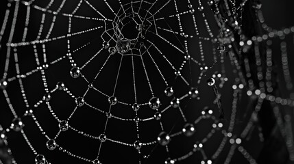 Obraz premium Close-Up of Raindrops on a Spider Web Glistening in Monochrome Against a Dark Background