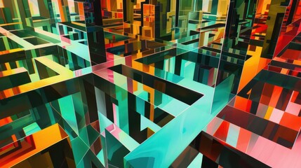 abstract image of hedge fund strategies, depicted as a maze of mirrors reflecting different market scenarios in vibrant colors
