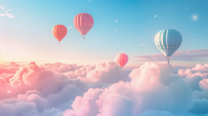 Fototapeta premium Hot air balloons floating above clouds at sunrise