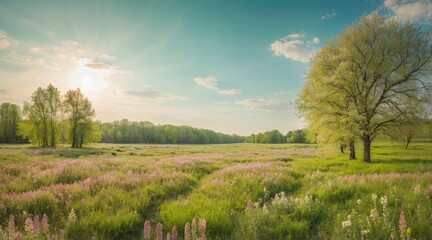 Obraz premium Picturesque meadow with vibrant green grass and wildflowers basks under clear blue sky revealing serene and idyllic scene