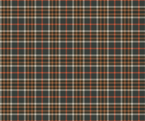 Plaid fabric pattern, black, yellow, orange, white, seamless for textiles and designing clothing, skirts, pants, aprons, tablecloths, blankets or decorative fabrics. Vector illustration.
