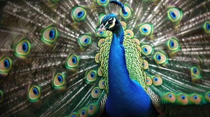 Obraz premium Beautiful peacock displaying its vibrant tail feathers, showcasing the splendor and intricacy of nature