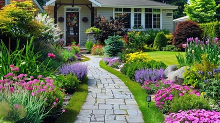 Fototapeta premium Beautifully arranged front yard garden with a mix of flowers, shrubs, and a welcoming pathway