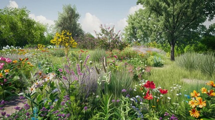Beautifully arranged wildflower meadow with a variety of colorful blooms and grasses, creating a naturalistic garden scene