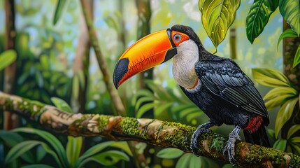 Obraz premium Colorful toucan perched on a branch in the rainforest, highlighting its unique beak and vibrant plumage