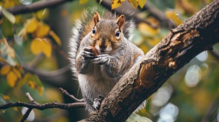 Obraz premium Curious squirrel holding a nut, perched on a tree branch, embodying nature's simplicity and charm