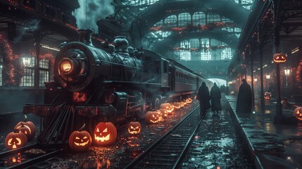Haunted steam train at night in a spooky station with Halloween pumpkin lanterns and mysterious figures, creating an eerie atmosphere.