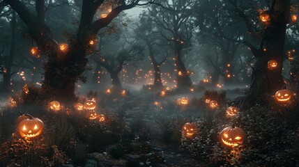 Mysterious Halloween forest with glowing jack-o'-lanterns hanging from trees creating a spooky and enchanting atmosphere.