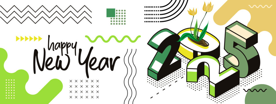 happy new year 2025 text design with modern calligraphy plants background style. Creative Greeting card banner for 2025 clean energy colorful vegan green yellow lines. Isometric Vector illustration.