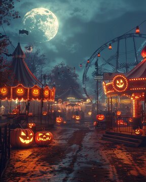 Haunted carnival scene at night with Jack-o'-lanterns, Ferris wheel, and full moon, creating a spooky Halloween atmosphere.