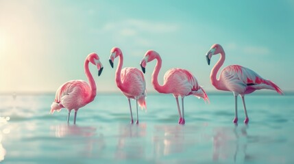 Obraz premium Group of flamingos standing in shallow water, showcasing their elegant posture and vibrant color