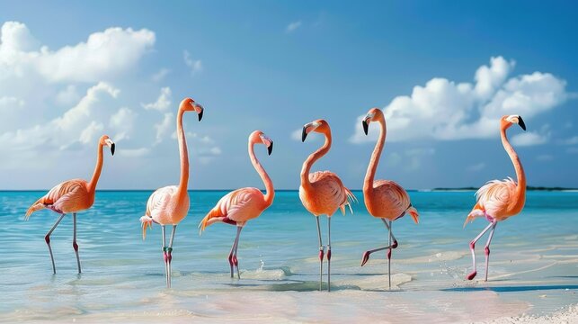 Group of flamingos standing in shallow water, showcasing their elegant posture and vibrant color