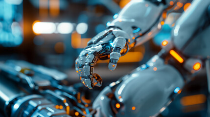 Futuristic Robotic Hand Reaching Out in Technological Landscape
