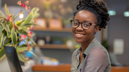 black receptionist, smiling