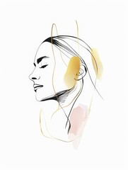 Naklejka premium Tranquil Beauty - Minimalist Woman's Profile in Elegant Line Art with Gold and Blush Watercolor Accents on White Background
