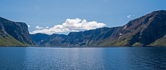 The entrance to Western Brook Pond, a canyon and fjord carved into the Long-Range Mountains within...
