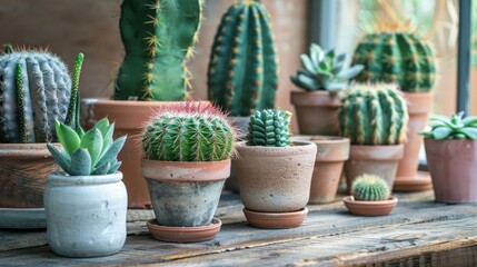 Fototapeta premium Different cacti and succulent plants in pots on wooden table