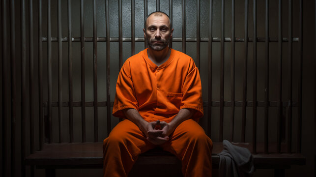 A man dressed in orange sits on a bench of a prison cell alone, looking at the camera, jail or imprisonment concept image.