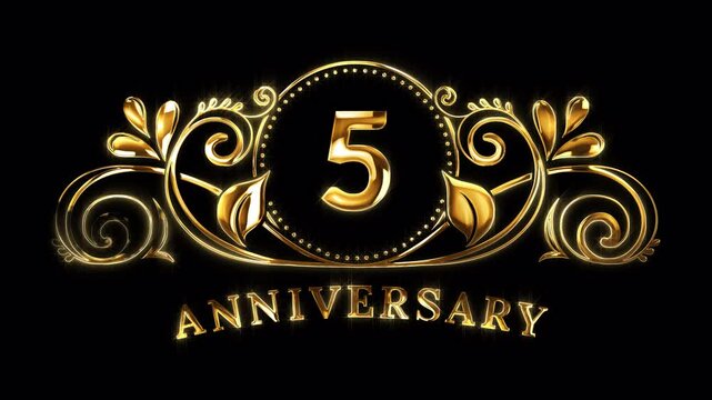 5th Anniversary Celebration. Happy 5 Years Anniversary Animation in Gold Color on the Transparent Background, Alpha Channel. Great for greetings, celebrations, events, and gifts.