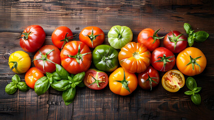 Various types of tomatoes including heirloom and cherry tomatoes with basil leaves on a dark wooden table, high resolution 