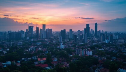 Fototapeta premium Panoramic Jakarta skyline with urban skyscrapers in the afternoon Jakarta Indonesia