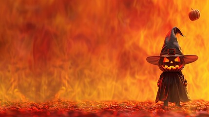 3d render scary pumpkin head witch on the flame background.