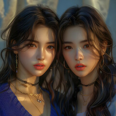 Two Women with Similar Features and Golden Jewelry