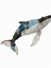Serene Minimalist Whale Line Art with Subtle Watercolor Accents on White Background