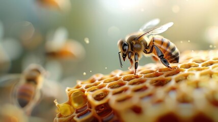 A bee buzzing around a honeycomb, collecting nectar to create honey.