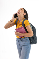 Latina Student Laughing and Talking on the Phone with Backpack and Notebook