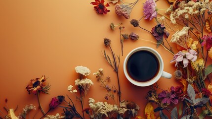 Beautiful and warm atmosphere created by colorful background with dried flowers and coffee suitable for text input as a background