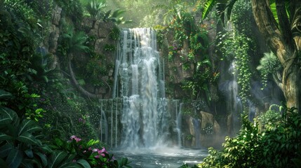 Fototapeta premium A waterfall cascading into an infinite void surrounded by lush greenery