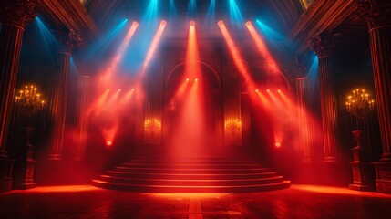 Grand Theater Stage with Dramatic Red and Blue Lighting During Performance Show