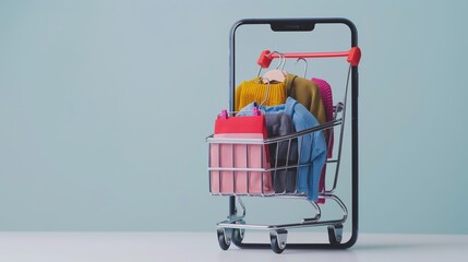 Shopping Cart Filled with Colorful Clothes in Mobile Phone Structure