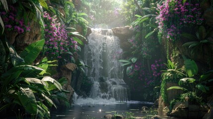 A waterfall cascading into an infinite void surrounded by lush greenery