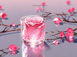 abstract glowing pink rose in glass on background