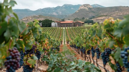 Vineyard Against Mountain Backdrop Featuring Vibrant Grapes and Rustic Bungalow