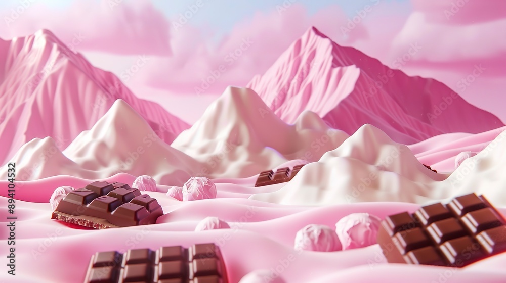 Wall mural 3d illustration of white and pink candy land with pink mountains and chocolates