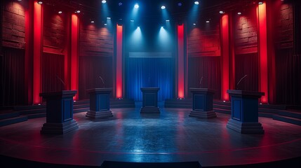 Empty Debate Stage Illuminted with Blue and Red Lights, Highlighting Four Podiums