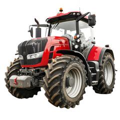 Obraz premium Red agricultural tractor with large tires and modern features. Ideal for farming and heavy-duty tasks in rural environments.