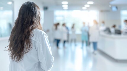 Back view of medical professionals collaborating in a hospital office with blurred light gray and white background - ideal for healthcare and medical concepts with ample copy space for text