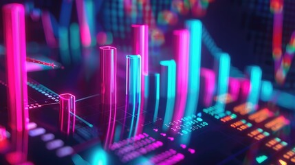 Abstract depiction of financial graphs and charts in neon colors