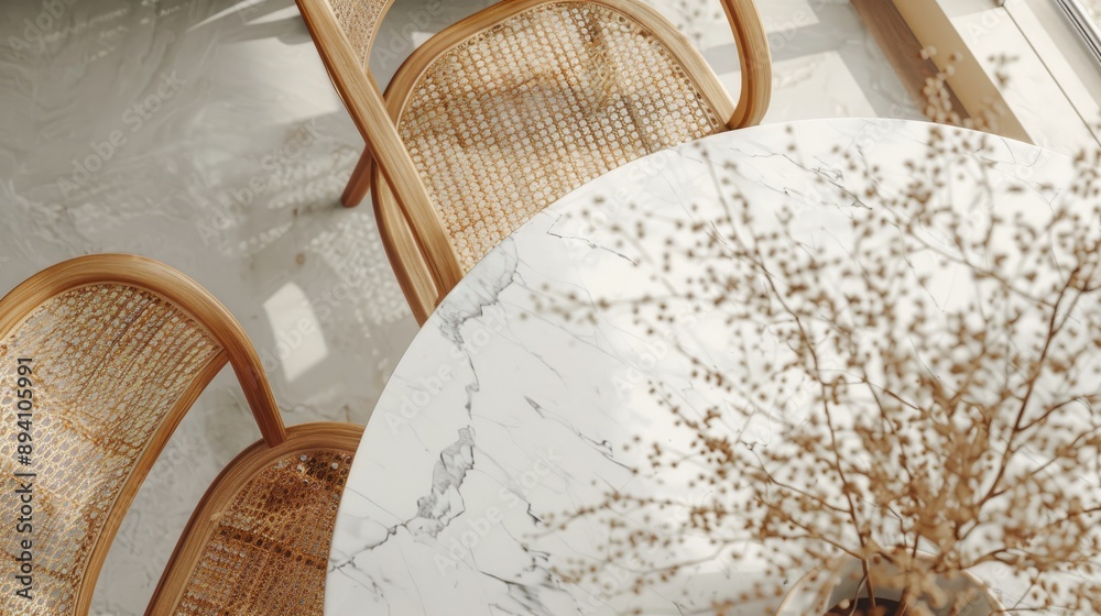 Poster Overhead shot of marble table and wicker chair with wood accents in a high-end, natural-material kitchen setting.