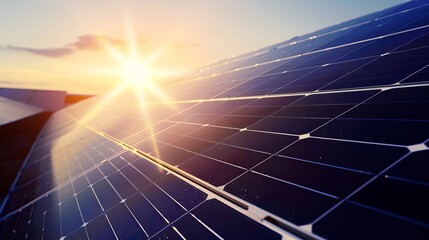 Closeup of solar panels with bright sunlight reflecting on smooth black surface, capturing clean sustainable energy for eco-friendly renewable power generation and environmental conservation concepts