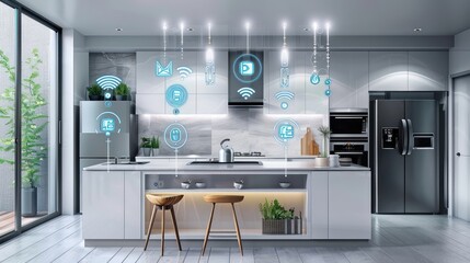 Modern Smart Kitchen with Futuristic Technology Icons