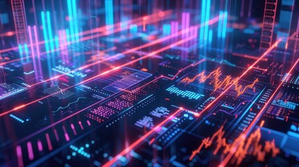 Obraz premium Abstract depiction of financial graphs and charts in neon colors